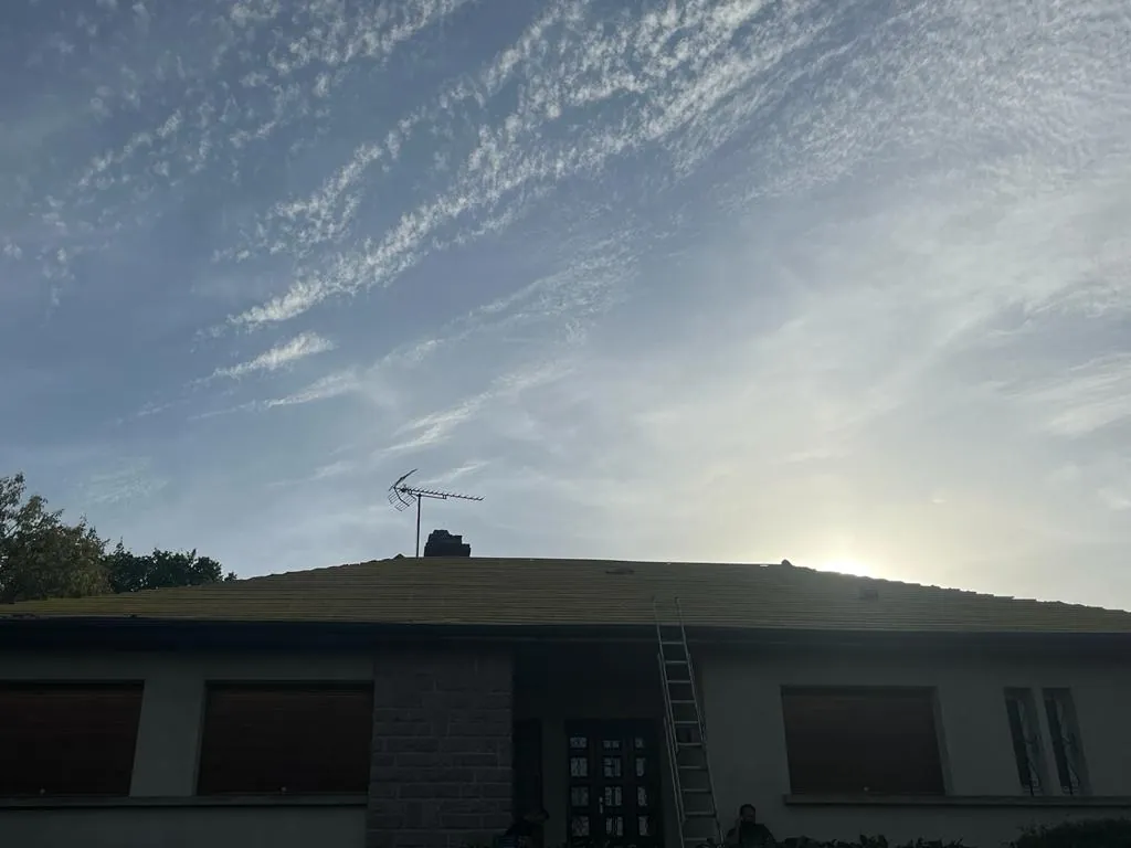 Maison de plain-pied avec une toiture ancienne couverte de mousse, avant travaux